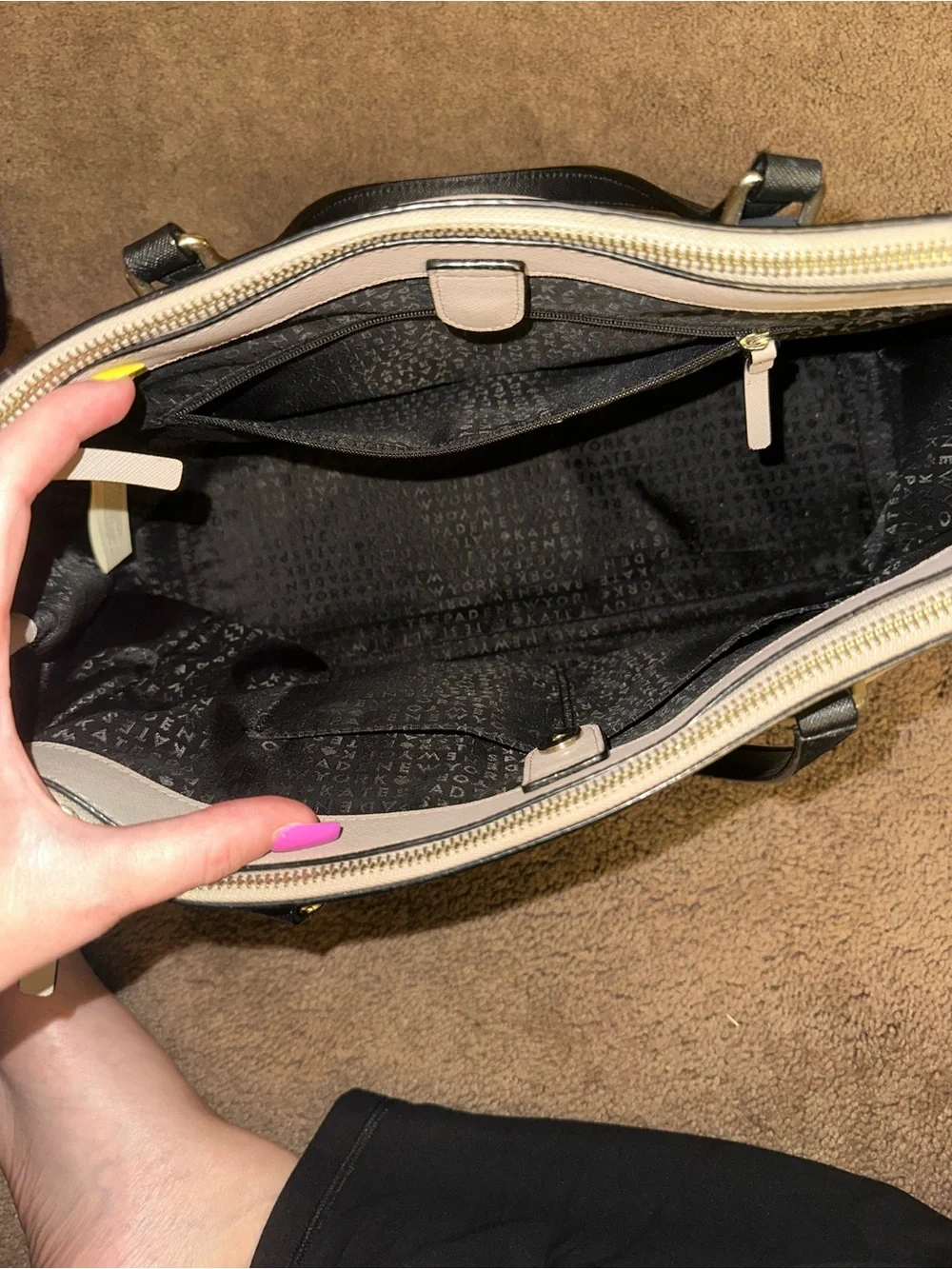 kate spade Beige and Black Satchel with Gold Logo Plate